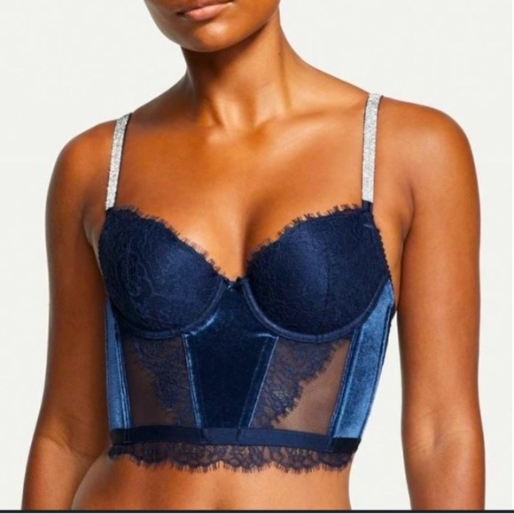 Victoria's Secret Navy Lace & Velvet Shine Rhinestone Strap Corset Bra, 32C - Picture 1 of 8